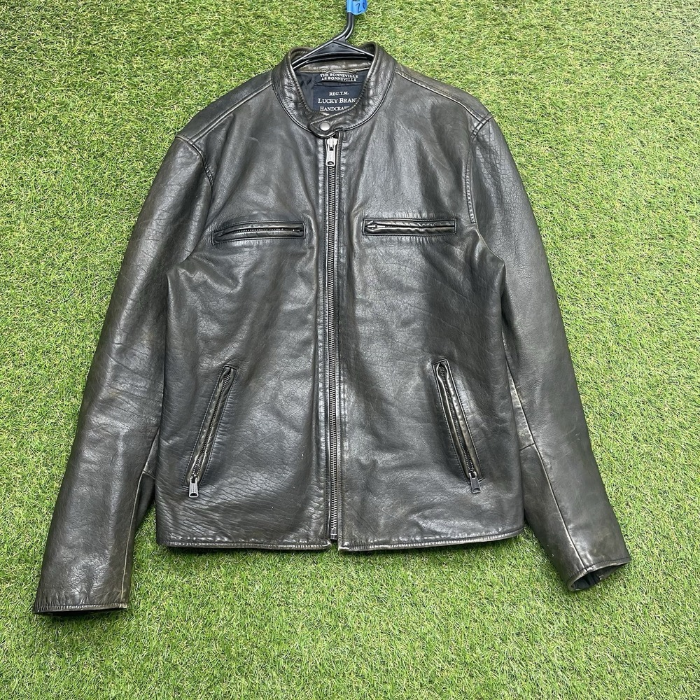 Lucky Brand Bonneville Racer Leather Jacket Mens Medium Faded Charcoal Zip Up